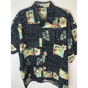 Vintage Pierre Cardin Mens Hawaiian Shirt XL Black Tropical Print 100% Cotton